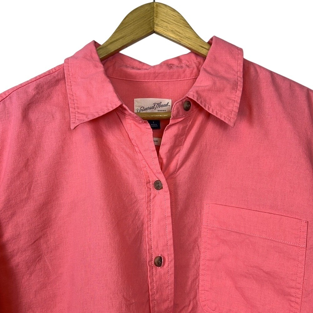 Universal Thread Womens Coral Pink Linen Blend Cropped Button Down Shirt Large - Picture 3 of 8